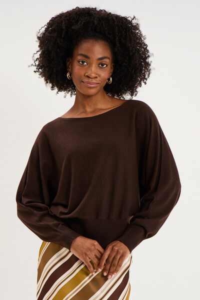 Pull encolure bateau manches longues marron fonc&eacute; femme