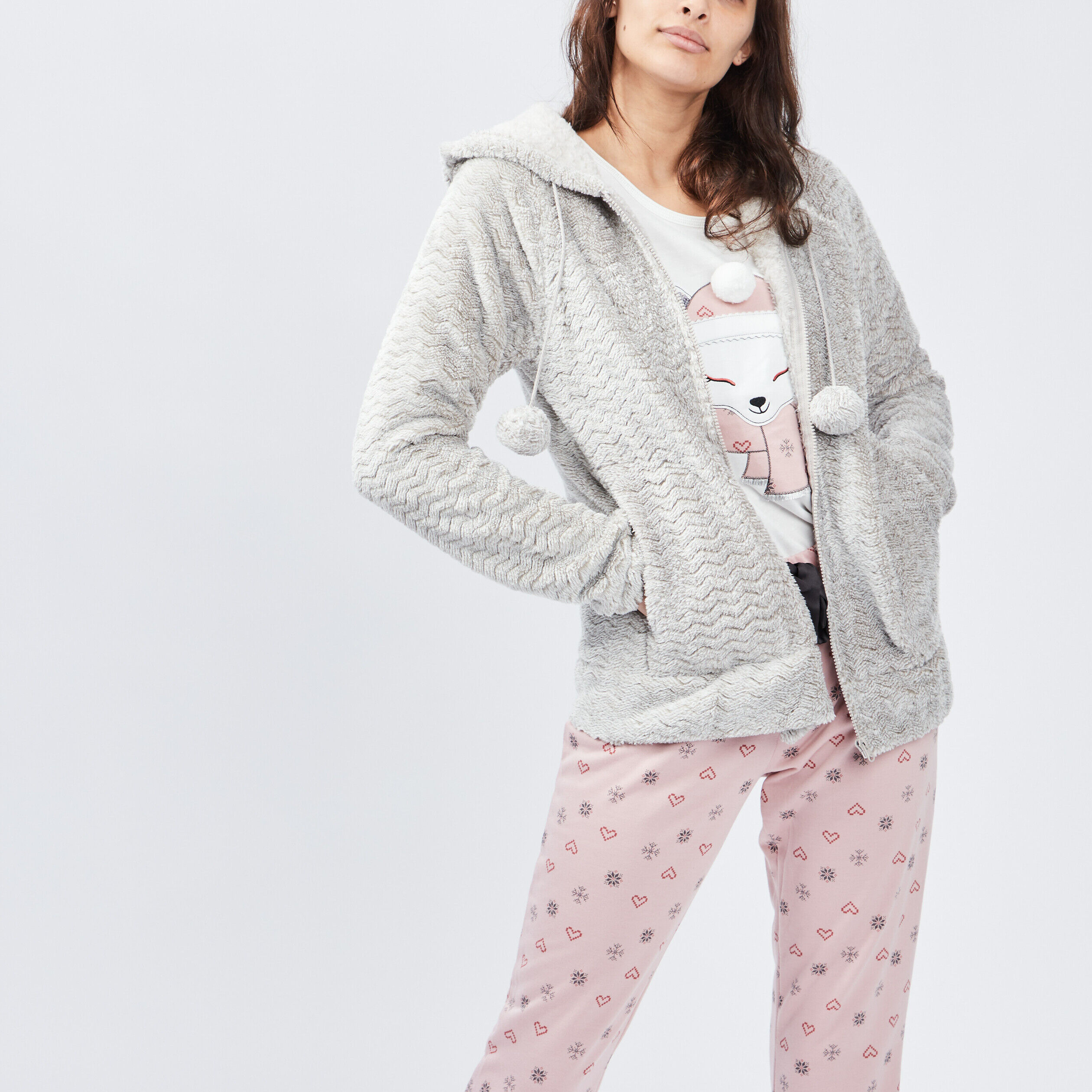 Veste de pyjama effet velours à capuche gris femme LH