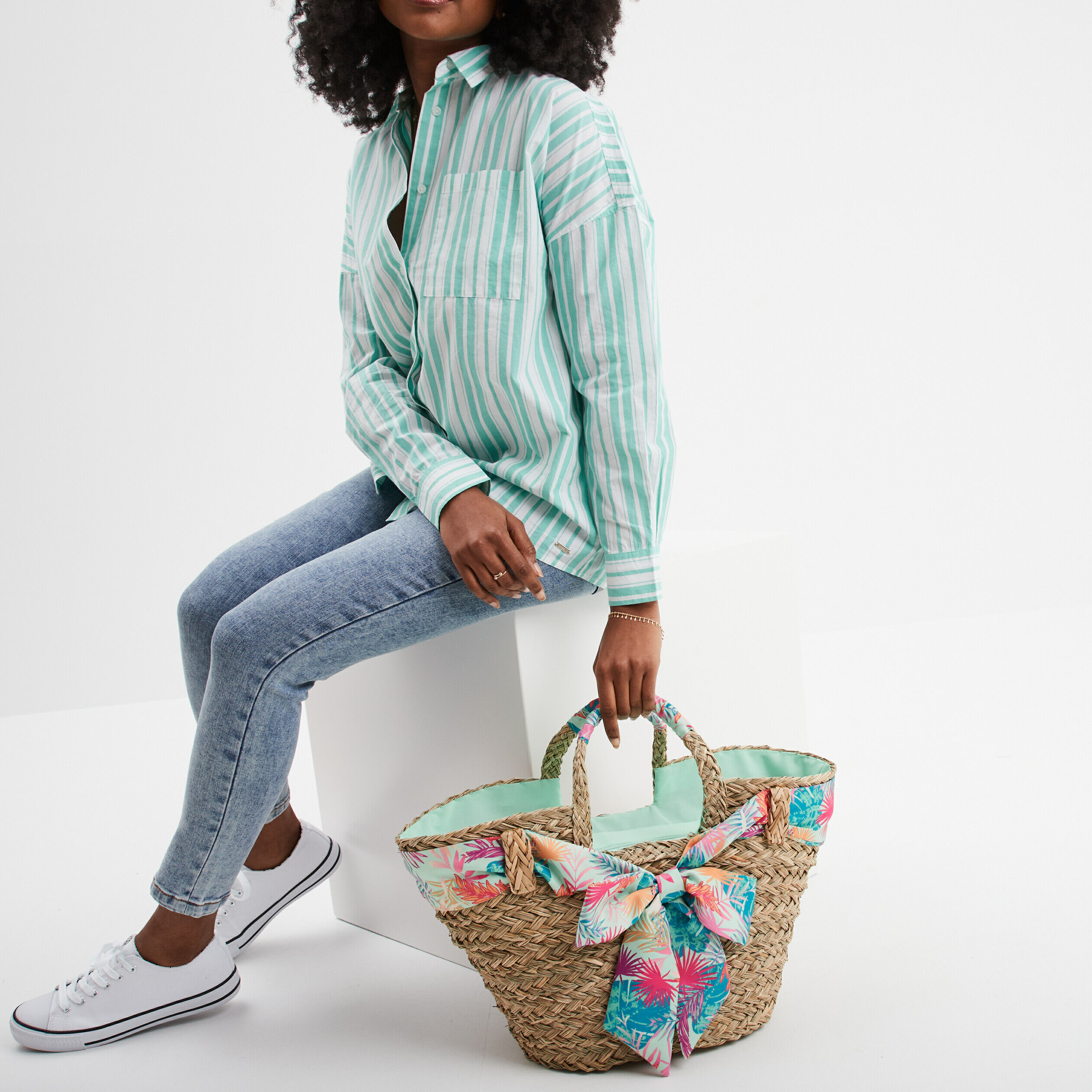 Sac panier tressé vert clair femme LH