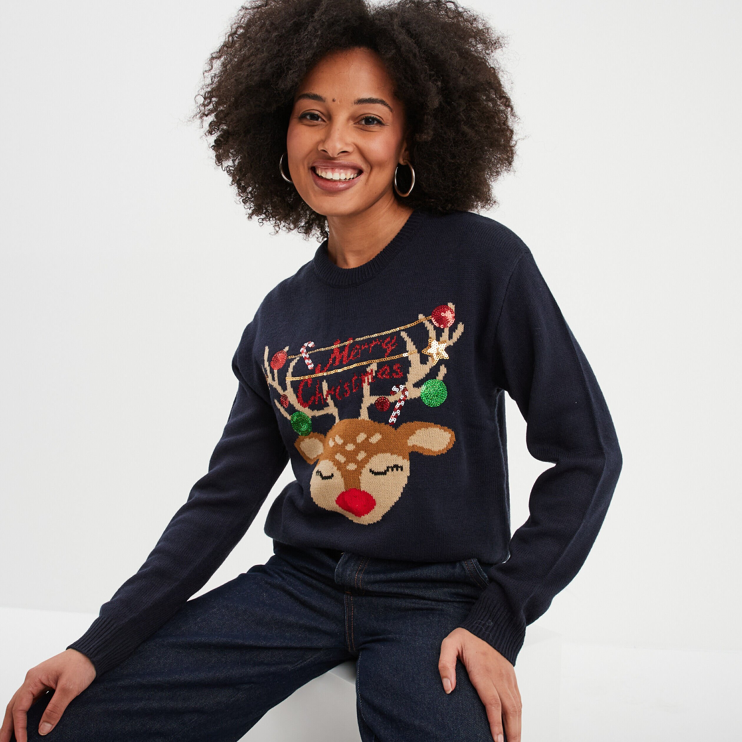 Pull Noël à sequins col rond lumineux bleu marine femme LH
