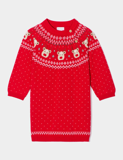 Robe pull de Noël épaule boutonnée coton rouge bébé fille