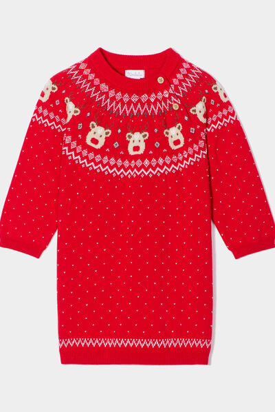Robe pull de Noël épaule boutonnée coton rouge bébé fille