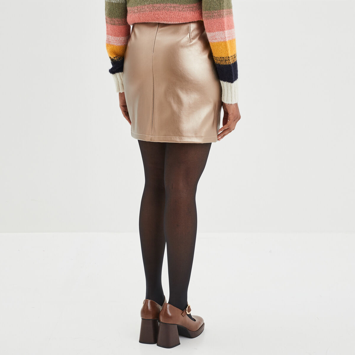 Jupe droite simili cuir métallisée jaune or femme