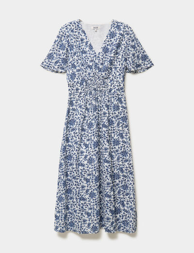 Robe longue empire taille smock&eacute;e blanc femme