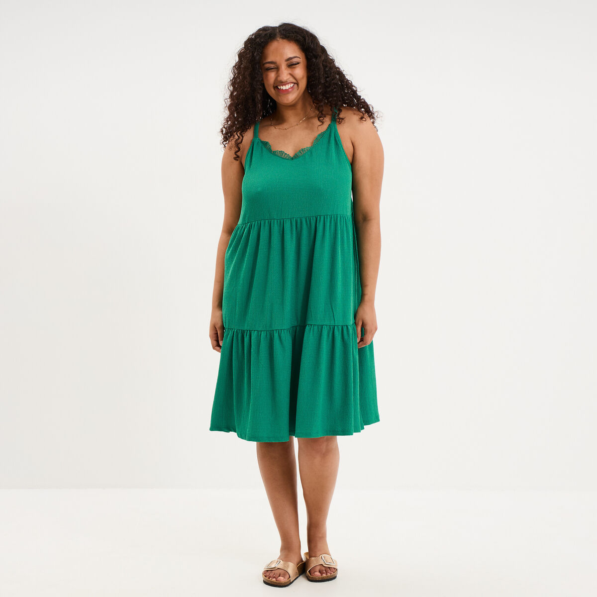 Robe bretelles &agrave; volants longueur genou vert canard femme grande taille