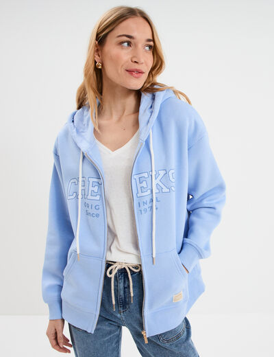 Sweat zipp&eacute; &agrave; capuche bleu lavande femme