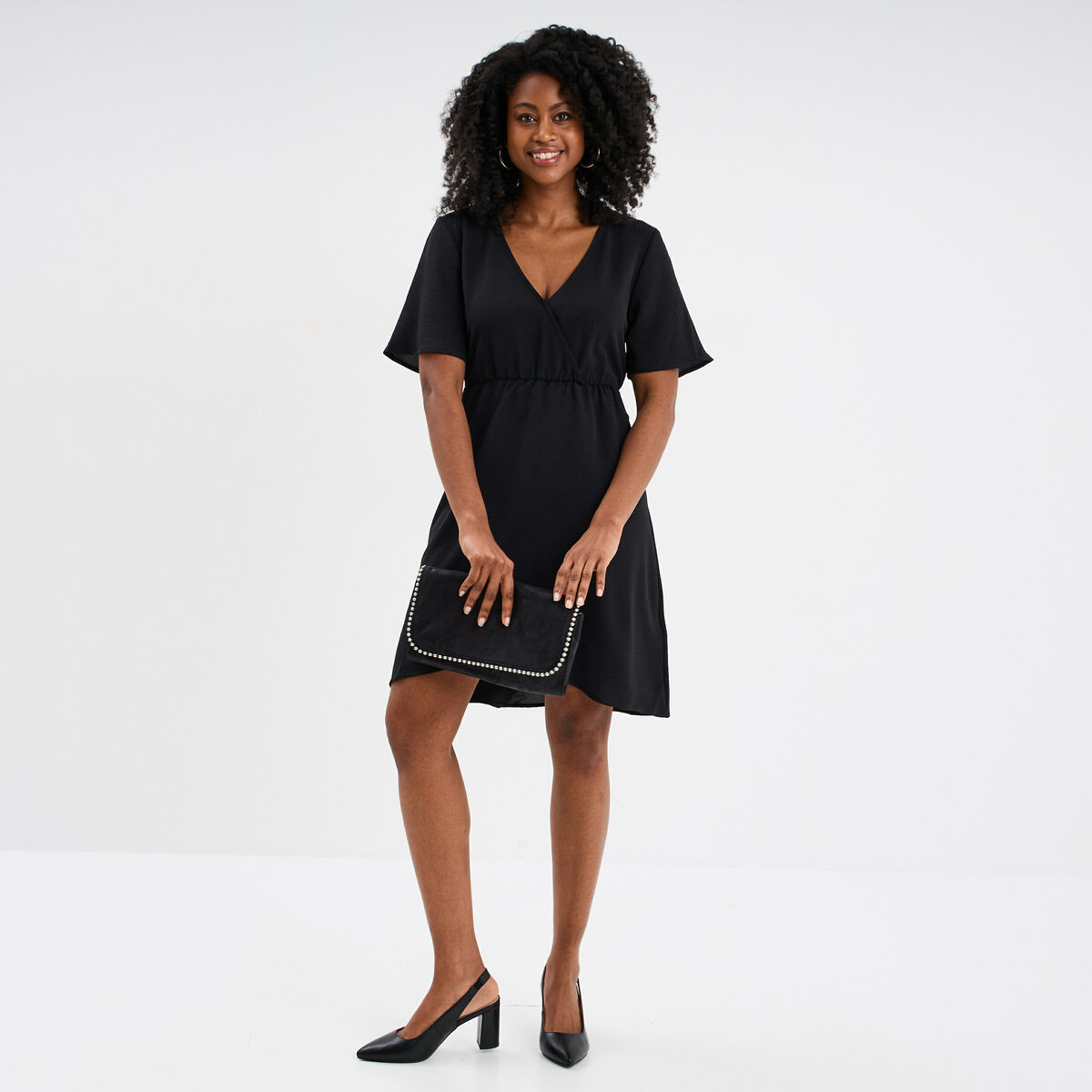 Robe courte effet portefeuille fluide noir femme