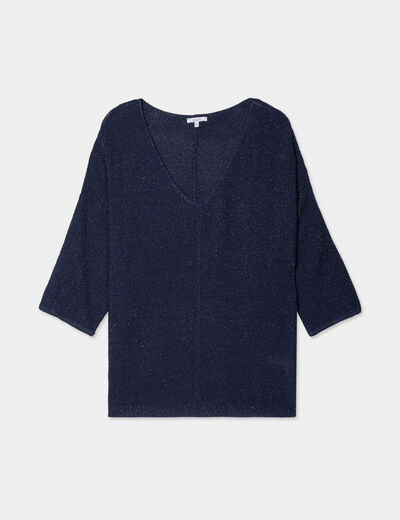 Pull manches 3/4 col en V bleu foncé femme grande taille