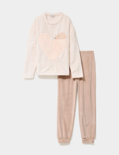 Ensemble pyjama pantalon et t-shirt creme femme