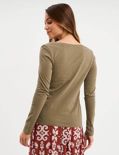 T-shirt col en V manches longues coton vert kaki femme