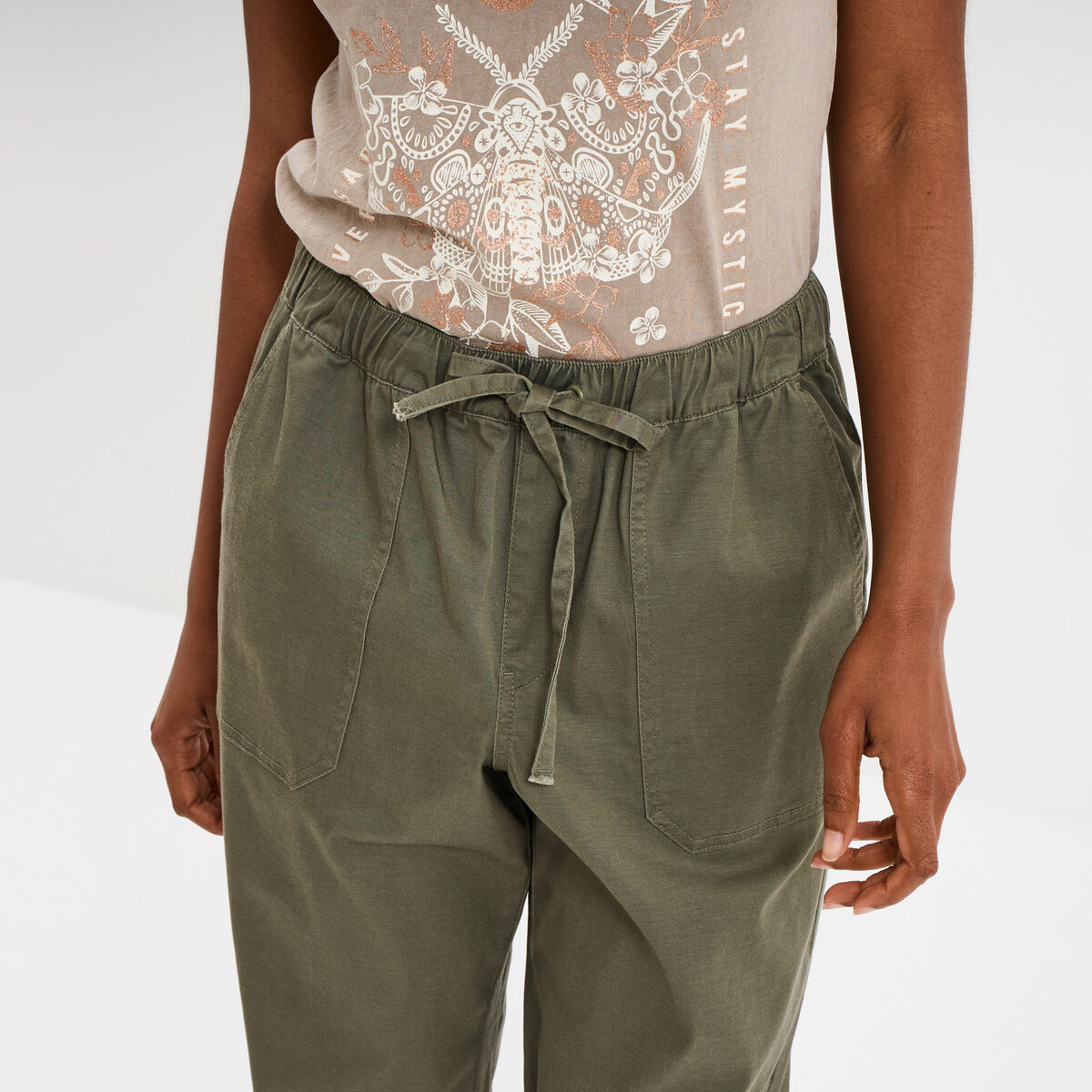 Pantalon droit battle taille élastiquée vert kaki femme