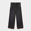 Jean large cropped boutons taille haute denim noir femme