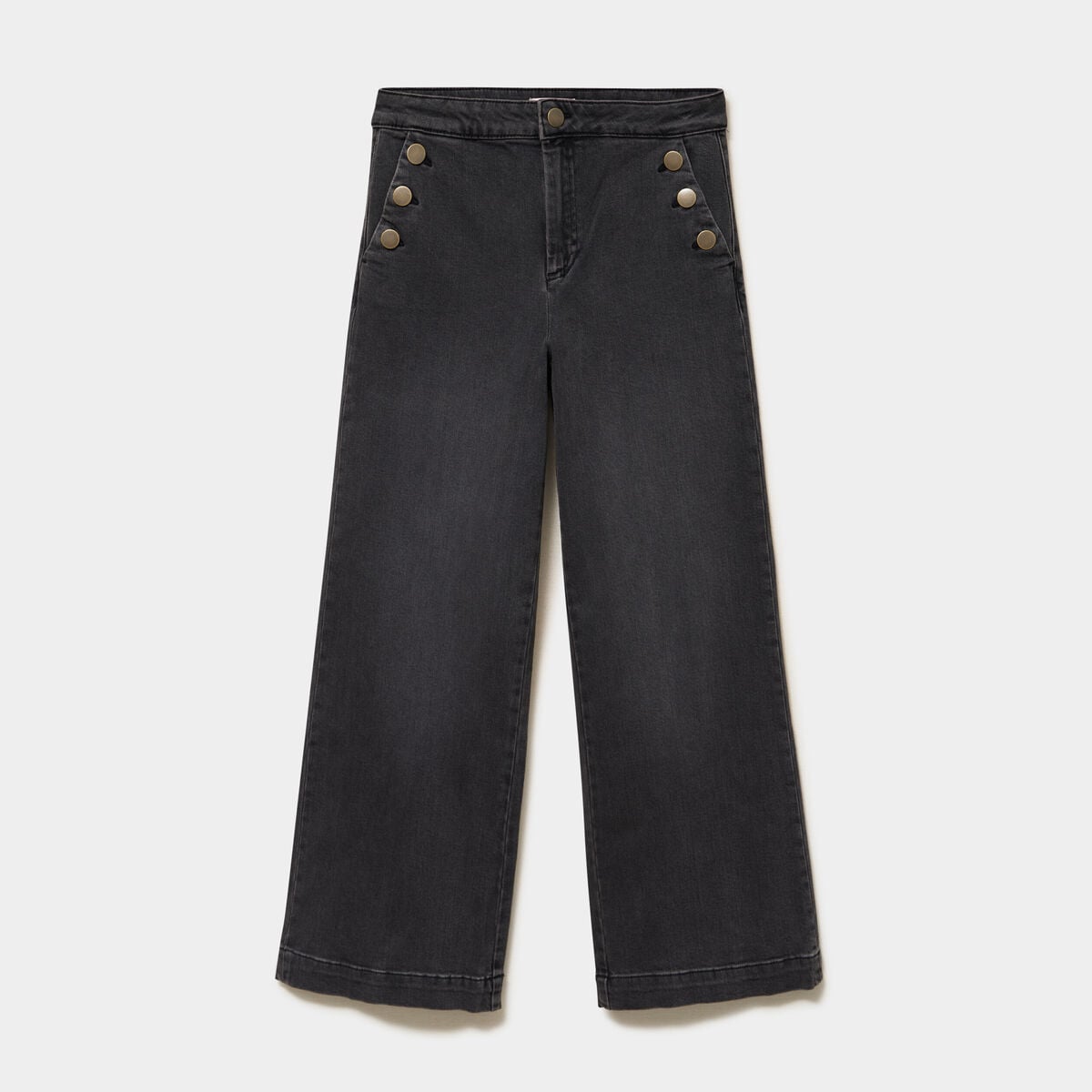 Jean large cropped boutons taille haute denim noir femme
