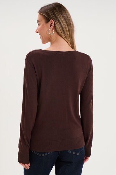 Pull col en V manches longues marron fonc&eacute; femme