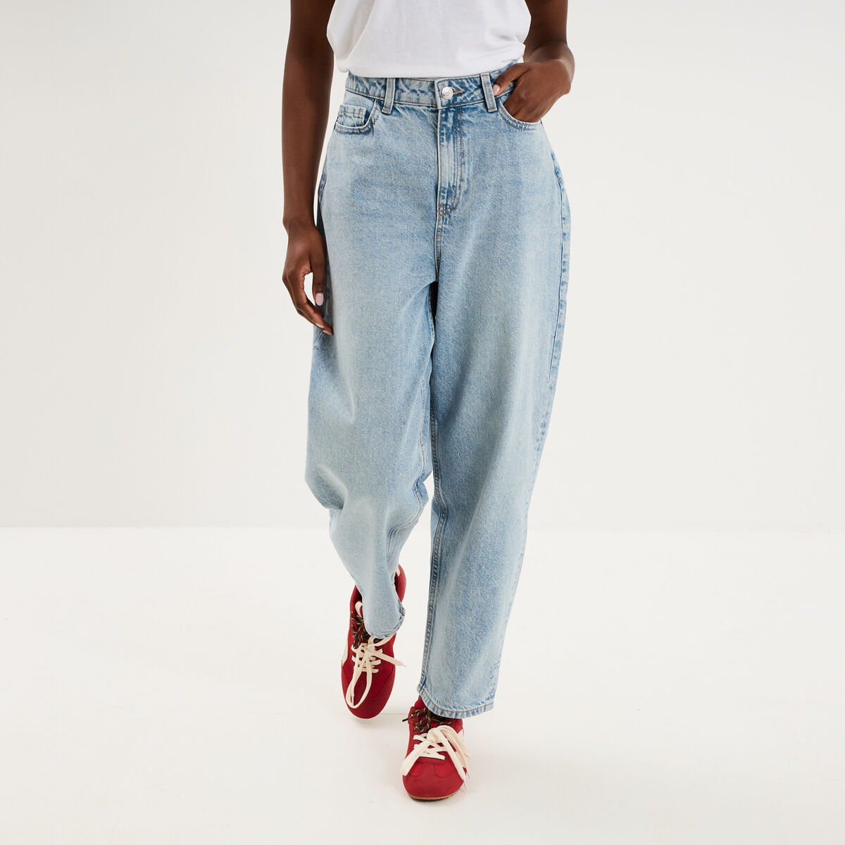 Jean balloon taille haute cropped coton denim triple stone femme