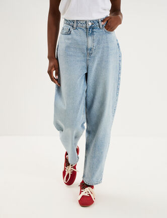 Jean balloon taille haute cropped coton denim triple stone femme