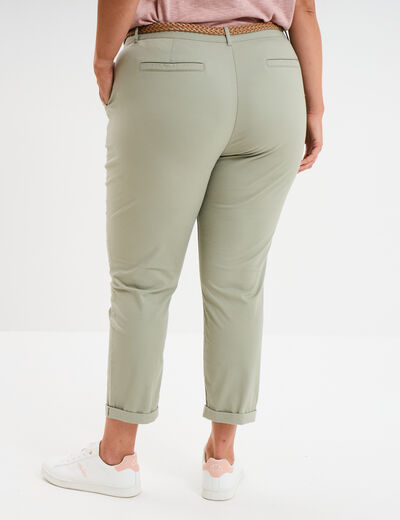 Pantalon chino cigarette ceinturé coton vert kaki femme grande taille