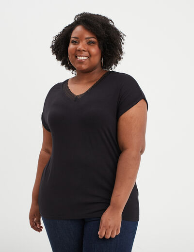 T-shirt dentelle au col Modavista noir femme grande taille
