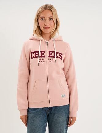 Sweat &agrave; capuche doublure effet sherpa rose poudr&eacute;e femme