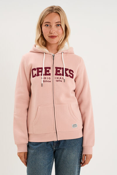 Sweat &agrave; capuche doublure effet sherpa rose poudr&eacute;e femme