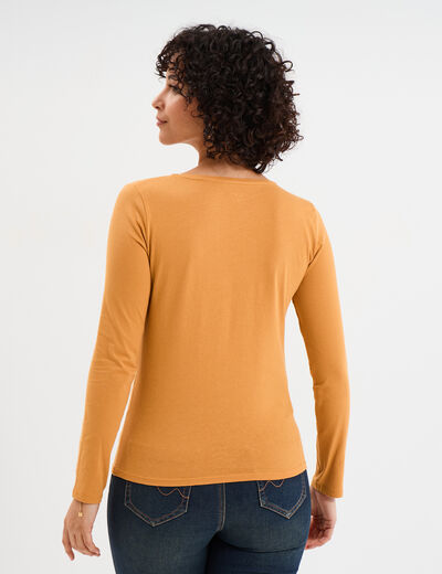 T-shirt coton col rond manches longues jaune moutarde femme