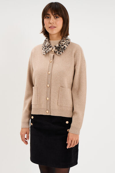 Gilet col fausse fourrure amovible ecru femme