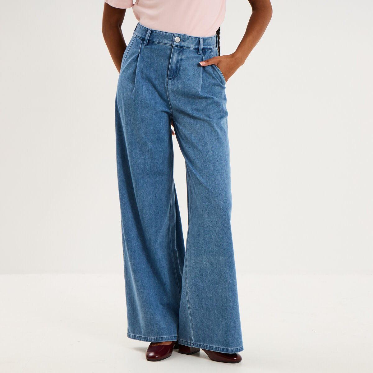 Jean large taille mi-haute &agrave; pinces denim double stone femme