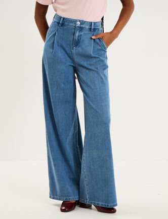 Jean large taille mi-haute &agrave; pinces denim double stone femme