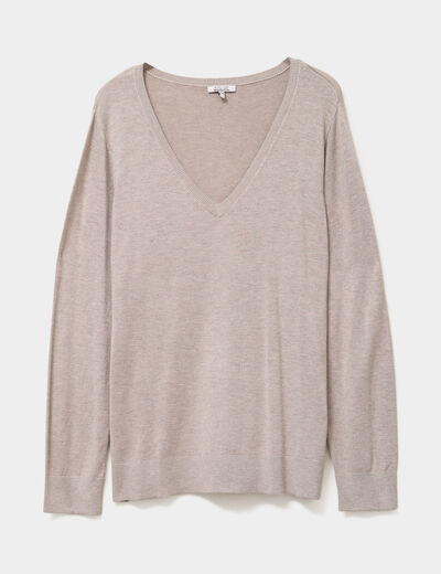 Pull col en V manches longues beige femme grande taille