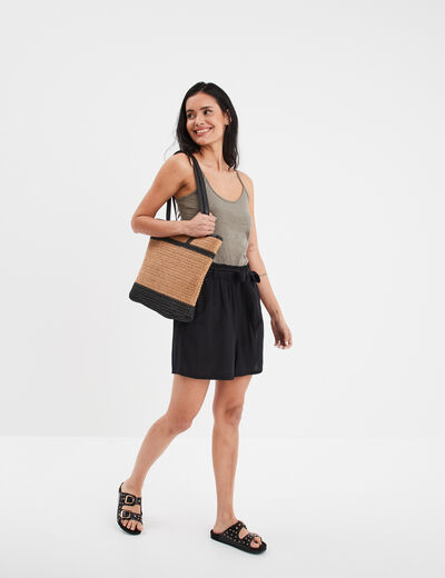Short paperbag fluide ceinturé noir femme