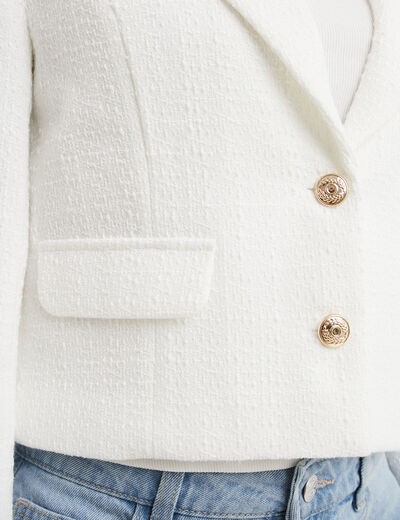 Veste courte tweed col tailleur blanc femme