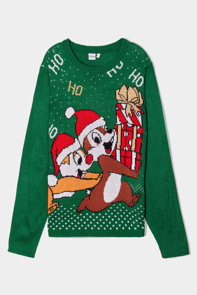 Pull de Noël col rond Tic et Tac vert femme