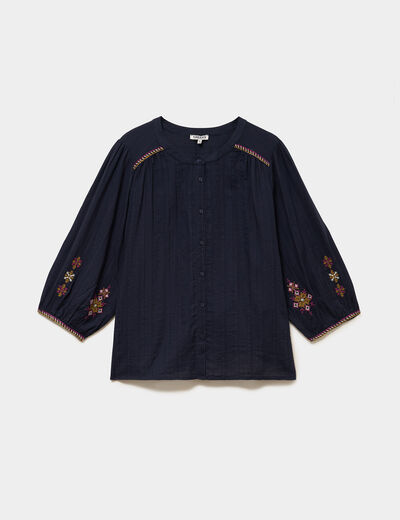 Blouse brod&eacute;e manches bouffantes 3/4 bleu fonc&eacute; femme grande taille