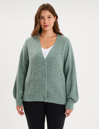 Gilet col en V boutonn&eacute; manches longues vert femme grande taille