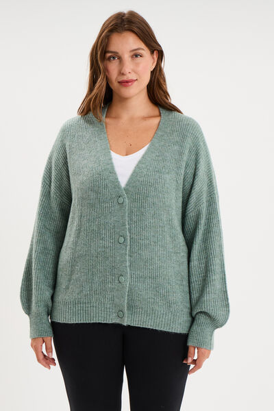 Gilet col en V boutonn&eacute; manches longues vert femme grande taille