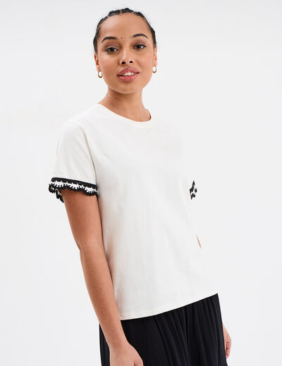 T-shirt manches bords dentelle coton blanc femme
