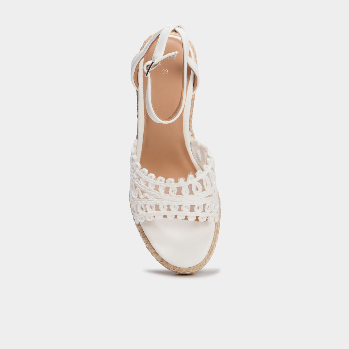 Sandales compens&eacute;es avec d&eacute;tails tress&eacute;s blanc femme