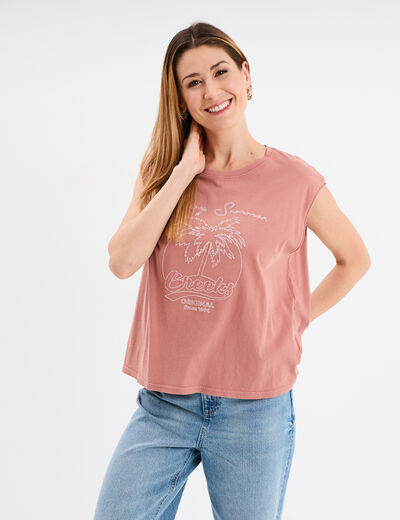 Débardeur brodé coton vieux rose femme