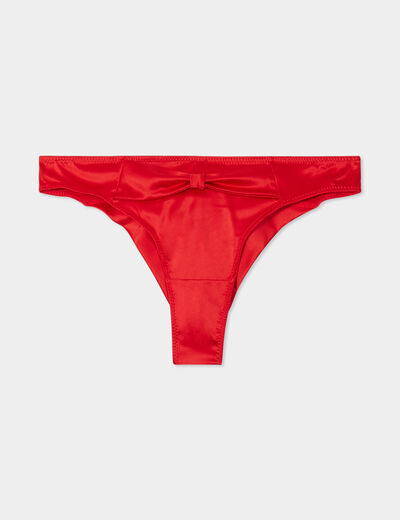 Tanga effet satin détail noeud rouge femme