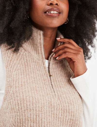 Pull col camionneur sans manches beige femme