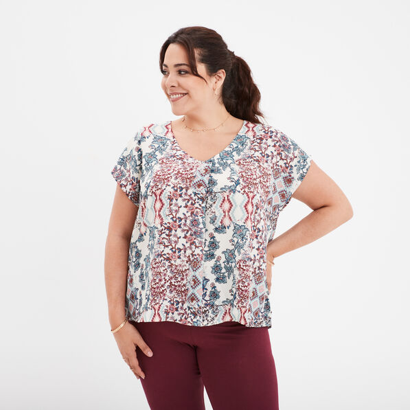 Blouse col en V manches courtes ecru femme grande taille