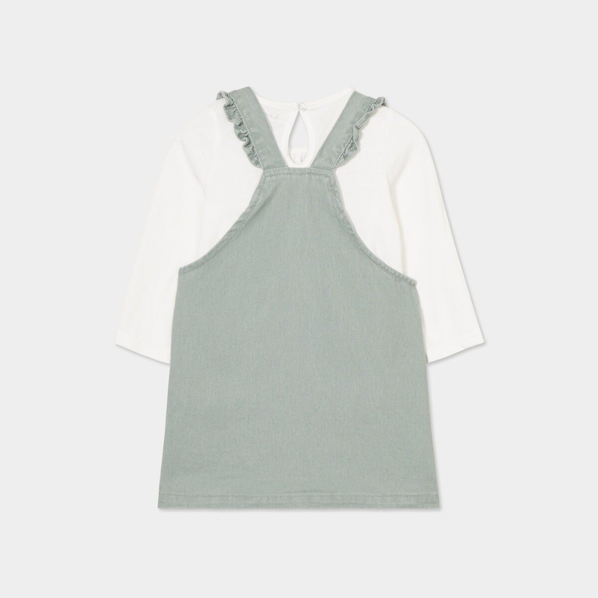 Ensemble 3 pi&egrave;ces avec robe salopette vert kaki b&eacute;b&eacute; fille