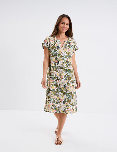 Robe courte col tunisien manches courtes blanc femme