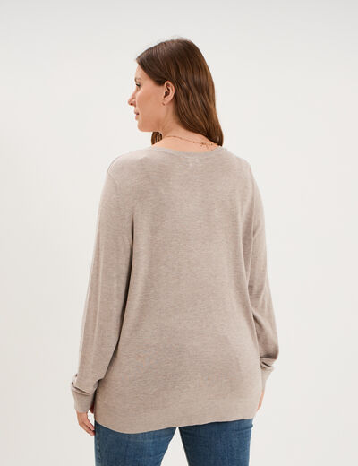 Pull fin col en V manches longues beige femme grande taille