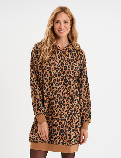 Robe sweat &agrave; capuche camel femme
