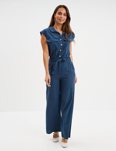 Combinaison pantalon ceinturée lin bleu foncé femme