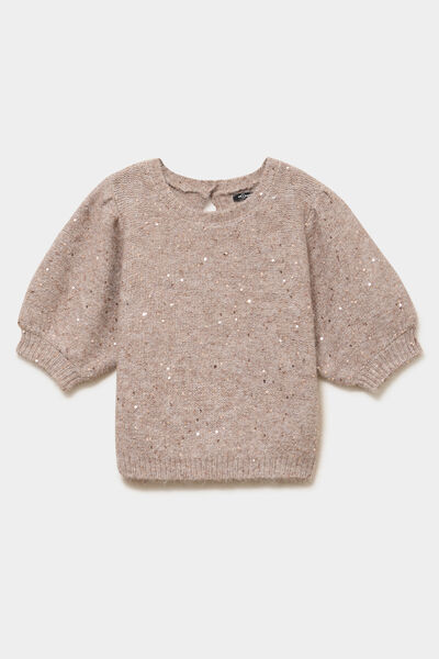 Pull sequins et manches courtes ballons beige femme