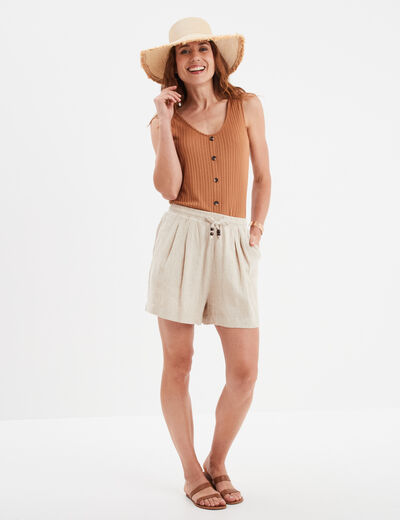 Short en lin large taille à coulisse beige femme