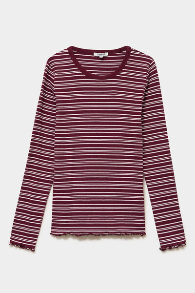 T-shirt ajust&eacute; col rond manches longues bordeaux femme