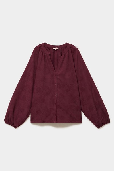 Blouse manches longues col V boutonn&eacute;e violet fonc&eacute; femme